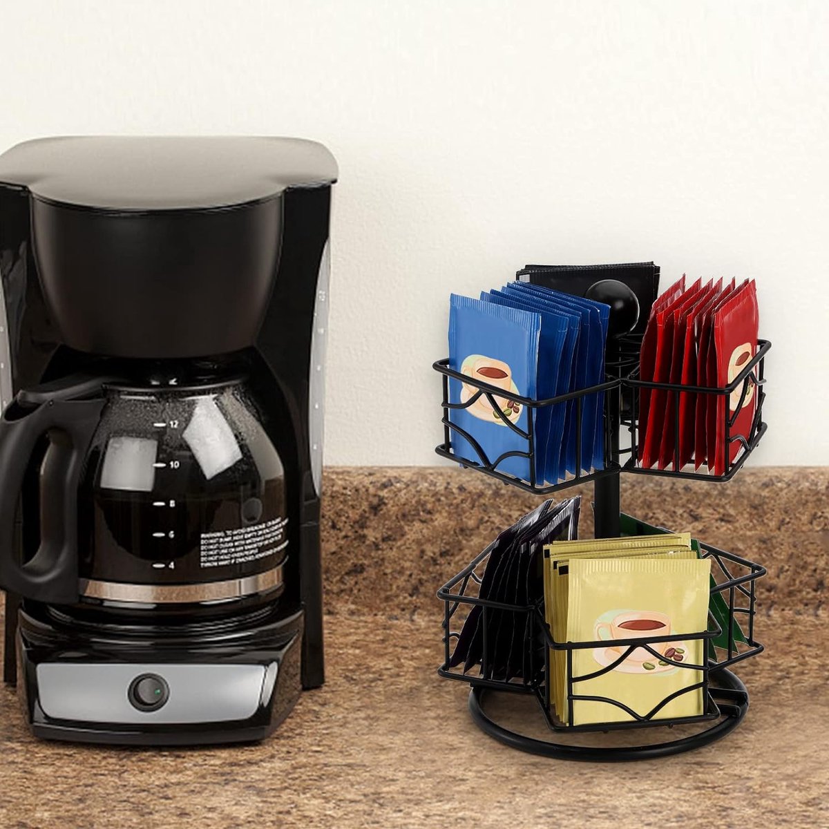 Theezakjes organizer, 360 graden draaiende theezakjes carrousel organizer met 6 compartimenten, Lazy Susan suiker koffie creamer caddy voor keuken, kast organizer, tot 60 theezakjes opslag.