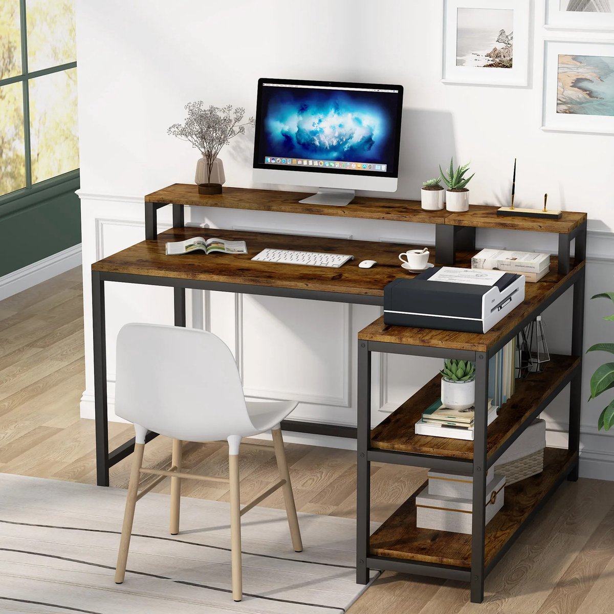Corner Desk - Industrial Desk - L-shaped - Industrial Look - Computer Desk - With Monitor Stand - With 3 Shelves - 135x100x75cm - For Home Office