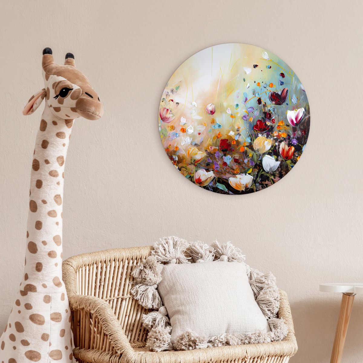 WallCircle® Muurcirkel 60x60 cm - Olieverf - Bloemen - Kleurrijk - Natuur - Plant - Veld - Muurdecoratie woonkamer - Wanddecoratie slaapkamer - Kamer decoratie accessoires - Ronde schilderijen - Woonaccessoires cirkel binnen