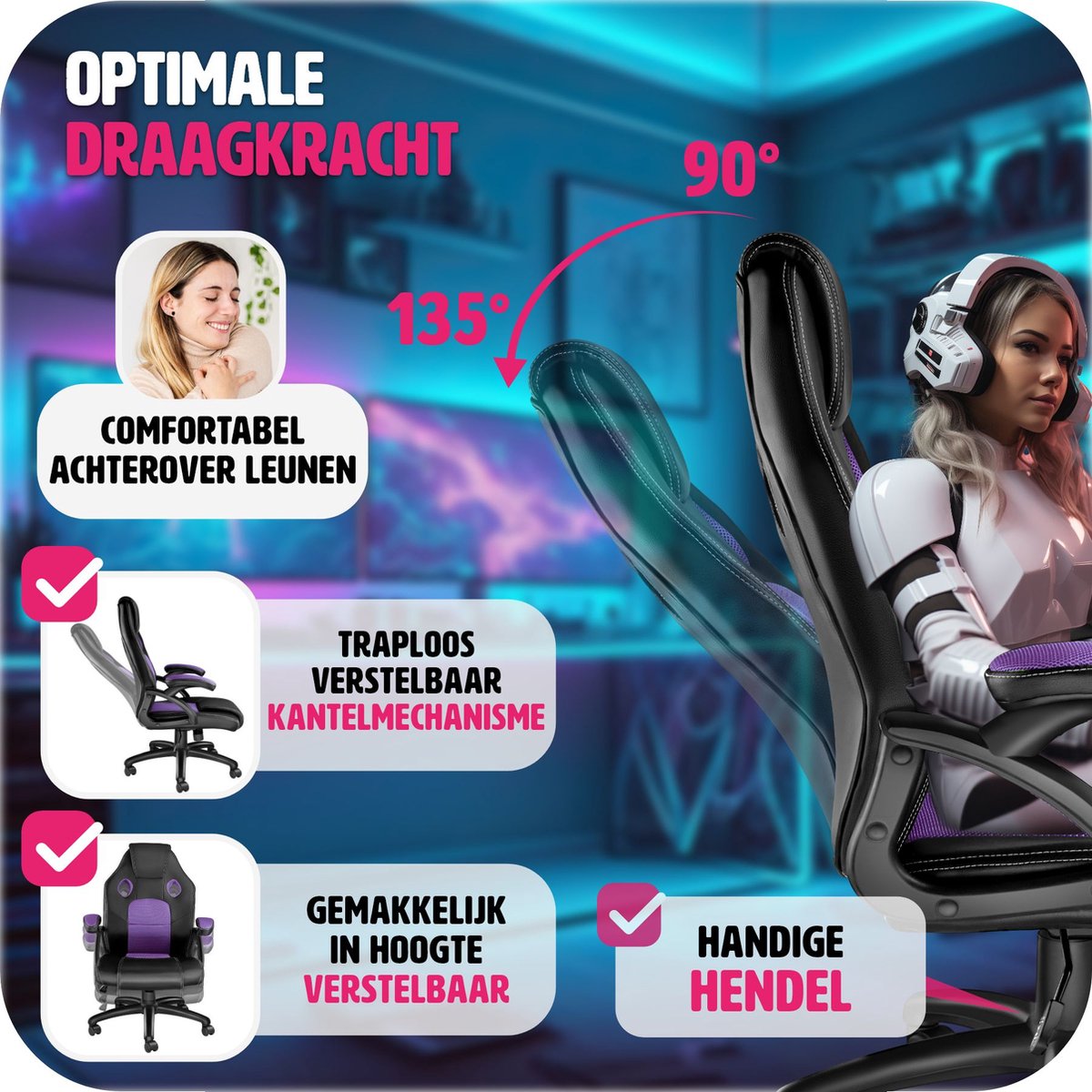 tectake® - Gaming bureaustoel - Luxe bureaustoel kantoorstoel - Racingstoel gamestoel Mike - Zwart/paars
