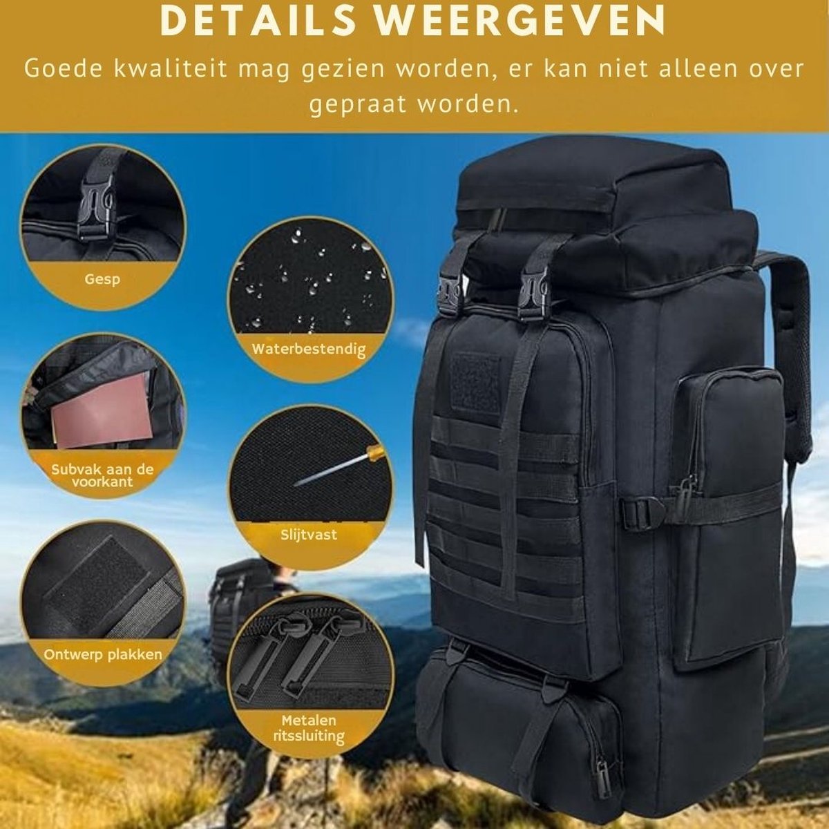 Trekrugzak - Backpack Lichtgewicht - Outdoor – Waterdichte Wandelrugzak - Trekking Rugzak 80 Liter – Trekkersrugzak - Backpacks Voor Kamperen, Klimmen, Skiën en Fietsen – Zwart