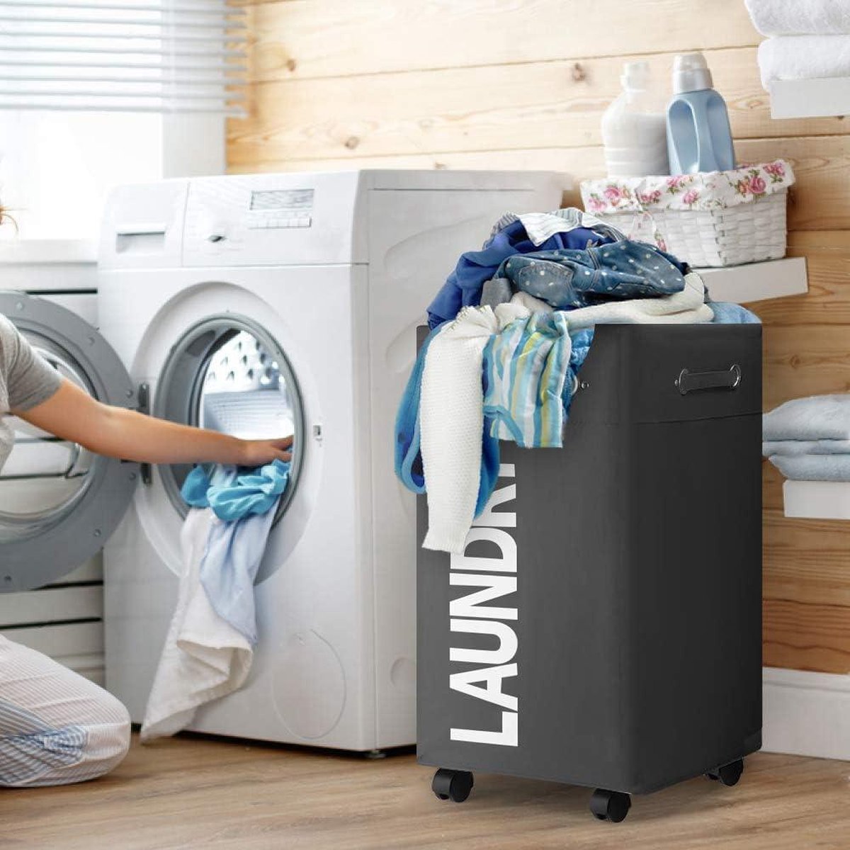 Large Foldable Laundry Basket - 74L Foldable Thin Laundry Basket - Wheels and Handle - Practical Storage Box - Black o2 Laundry Basket
