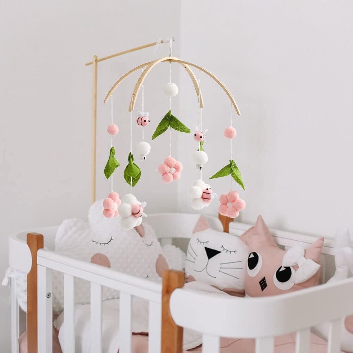 Baby mobile with music felt balls flowers - Mobile baby wind chime 3D flowers - Mobile baby wood felt balls - Baby mobile with music girl bed bell - Mobile baby boys girls crib decoration. baby mobile with music