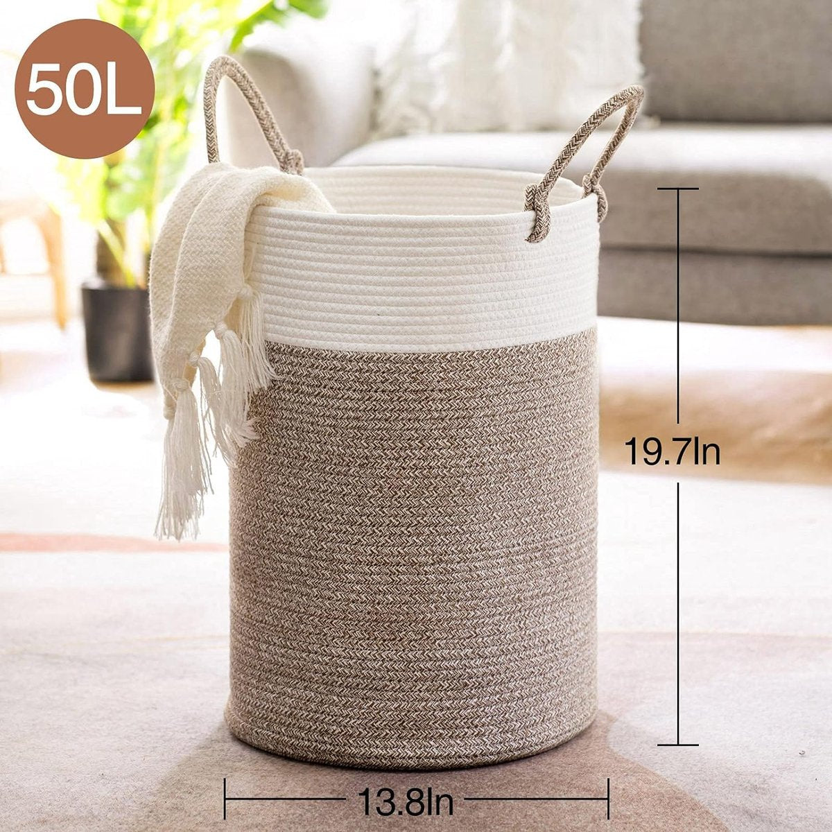 Wasmand, gevlochten van katoen, touwmand met handgrepen, grote opbergmand voor speelgoed in de kinderkamer, dekens in de woonkamer, D 35 x H 50 cm, wit en bruin
