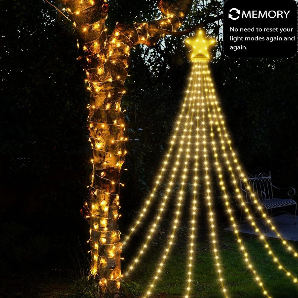 Buiten Kerstverlichting - Kerstboom Verlichting 298 LED's, Ster Sprei Lichtpiramide, 8 Modi, Geheugenfunctie, Timer, IP65 Waterdicht (Warm)