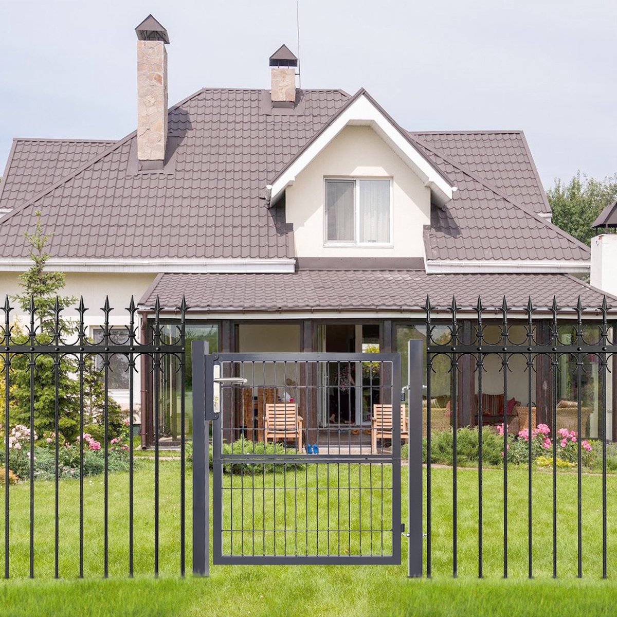 Garden Gate Gate Powder Coated Steel Garden Gate-Garden Door fence gate 100 × 100 cm farm gate made of galvanized steel with lock, doorknob and key, sturdy and durable-anthracite gray