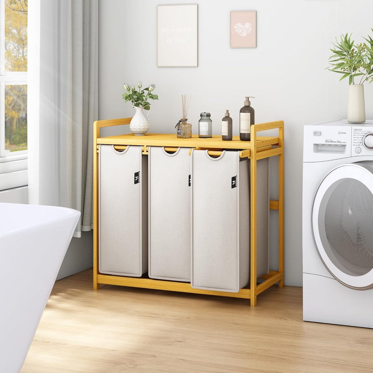 Wasmand met bamboeframe 150 l 3 vakken boogdesign wassorteerder lichtgrijs 06-16 - extra groot formaat duurzaamheid wasmand 3 vakken