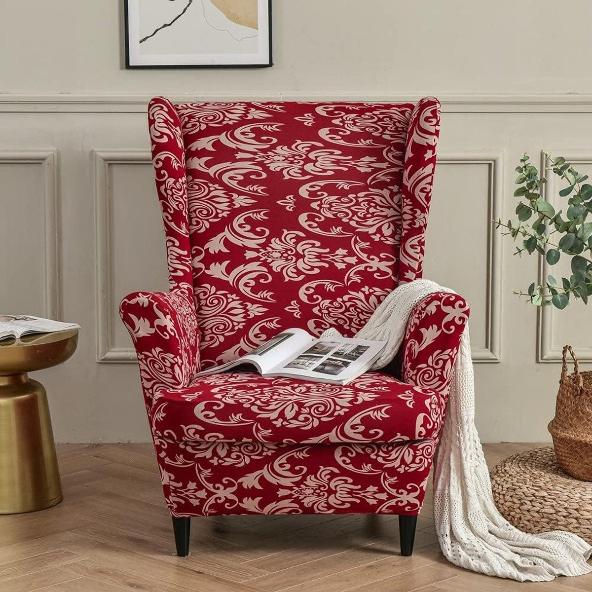 Stoelhoes voor oorfauteuil, 2-delige set, rekbare hoes van wasbaar elastaan, meubelbeschermer voor oorfauteuil in woonkamer, slaapkamer of hotel (barokstijl)