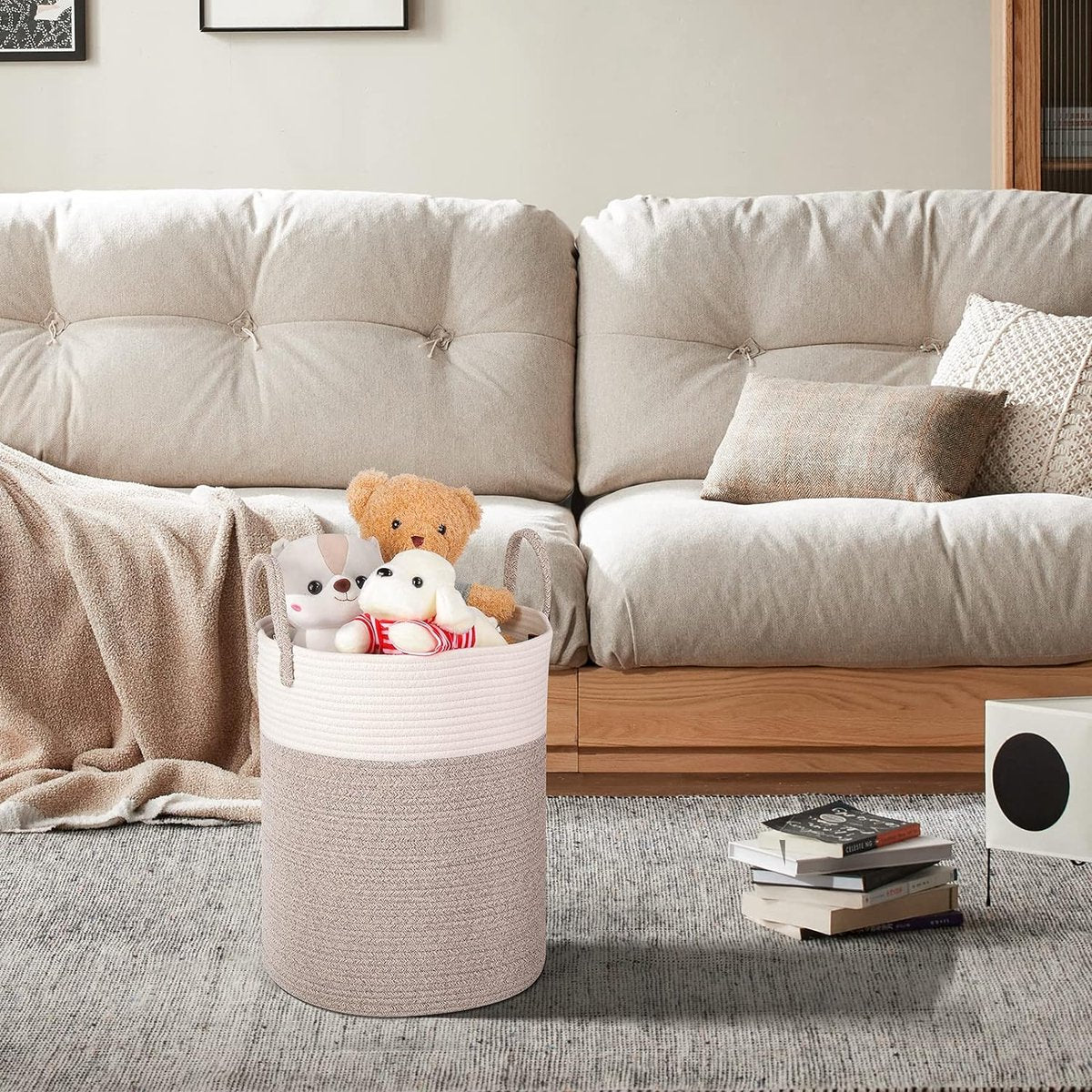 Braided Cotton Laundry Basket, 53 Litres, Laundry Hamper with Handle, Laundry Basket Toy, Laundry Hamper Storage Box for Nursery, Living Room, Bathroom, 46 x 38 cm