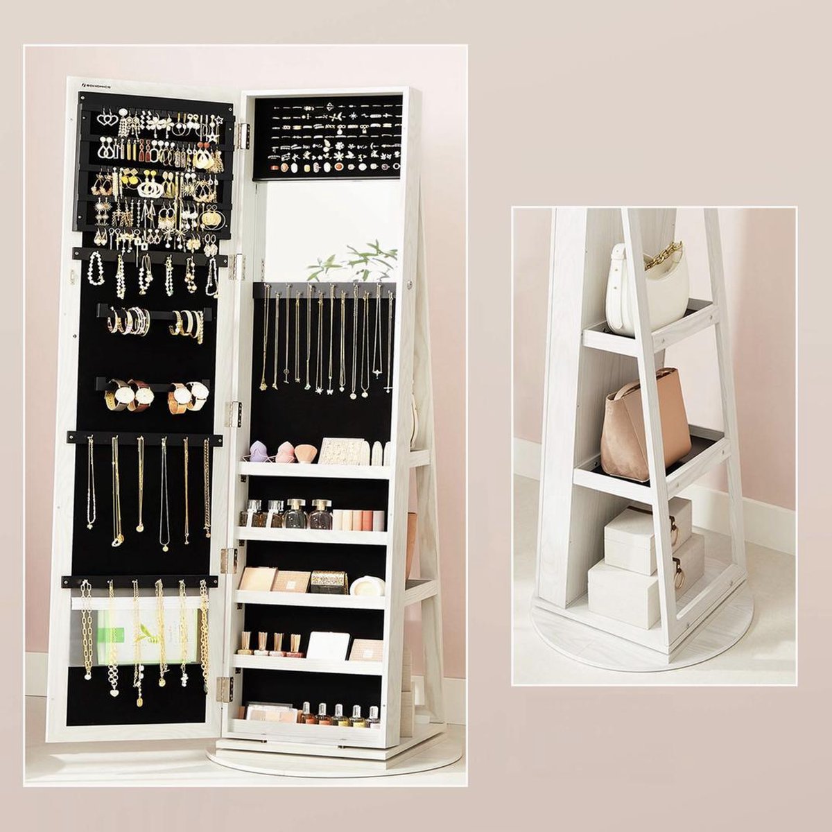 Jewellery cabinet with 160 cm high mirror, lockable, 360° rotatable with ladder rack JBC62W