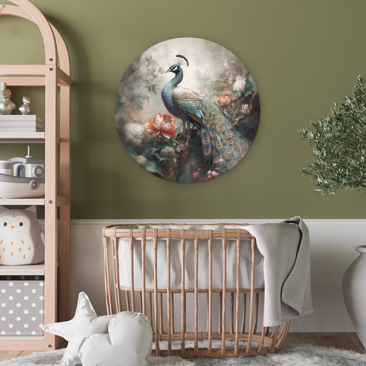 WallCircle® Wandcirkel 60x60 cm - Muurcirkel Pauw - Pauwenveren - Vogel - Bos - Jungle - Bloemen - Muurdecoratie woonkamer - Wanddecoratie slaapkamer - Kamer decoratie accessoires - Ronde schilderijen - Woonaccessoires cirkel binnen