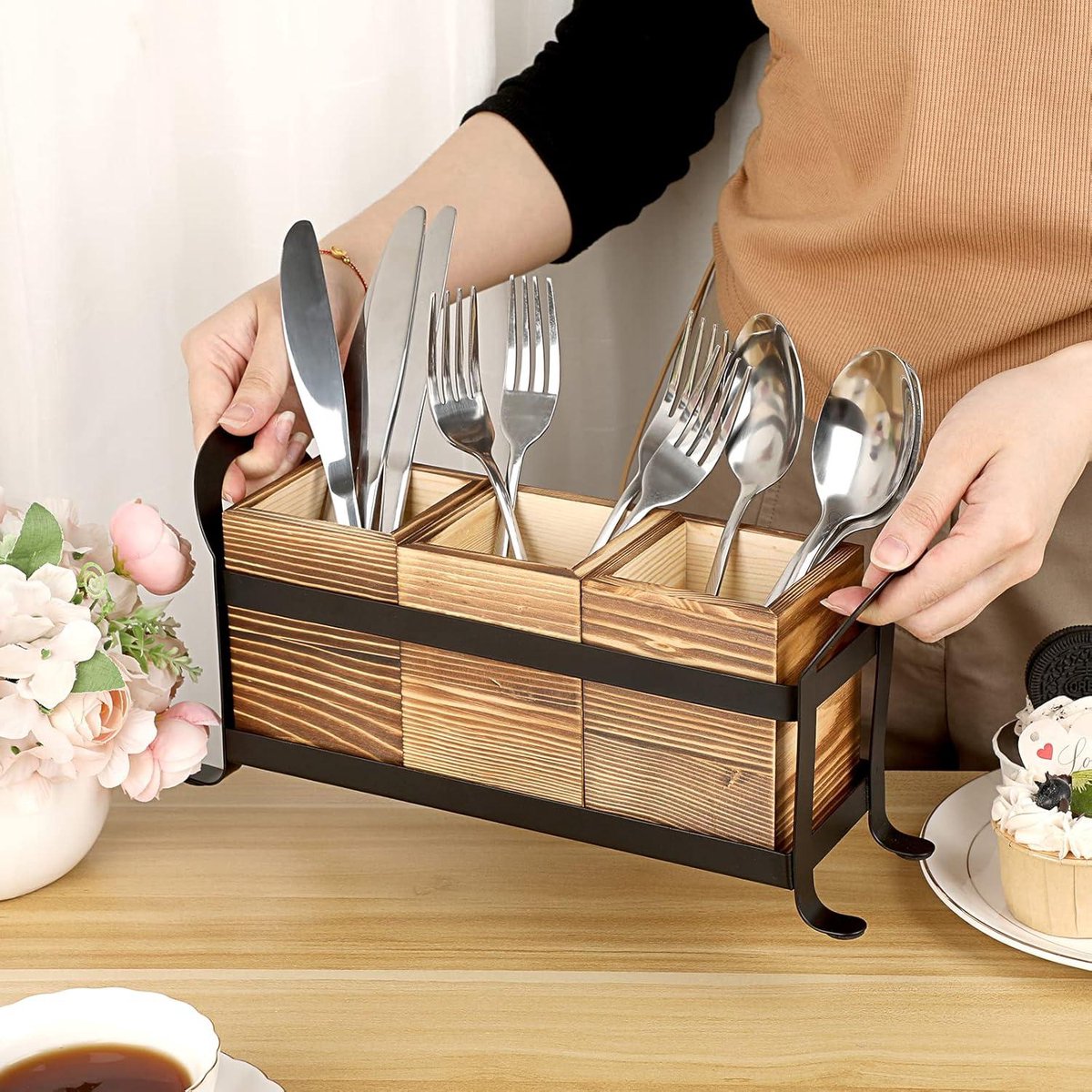 Bestekhouder Caddy met Metalen Lade - 3 Vakken Organizer voor Keuken Aanrecht - Multifunctionele Houten Opbergdoos