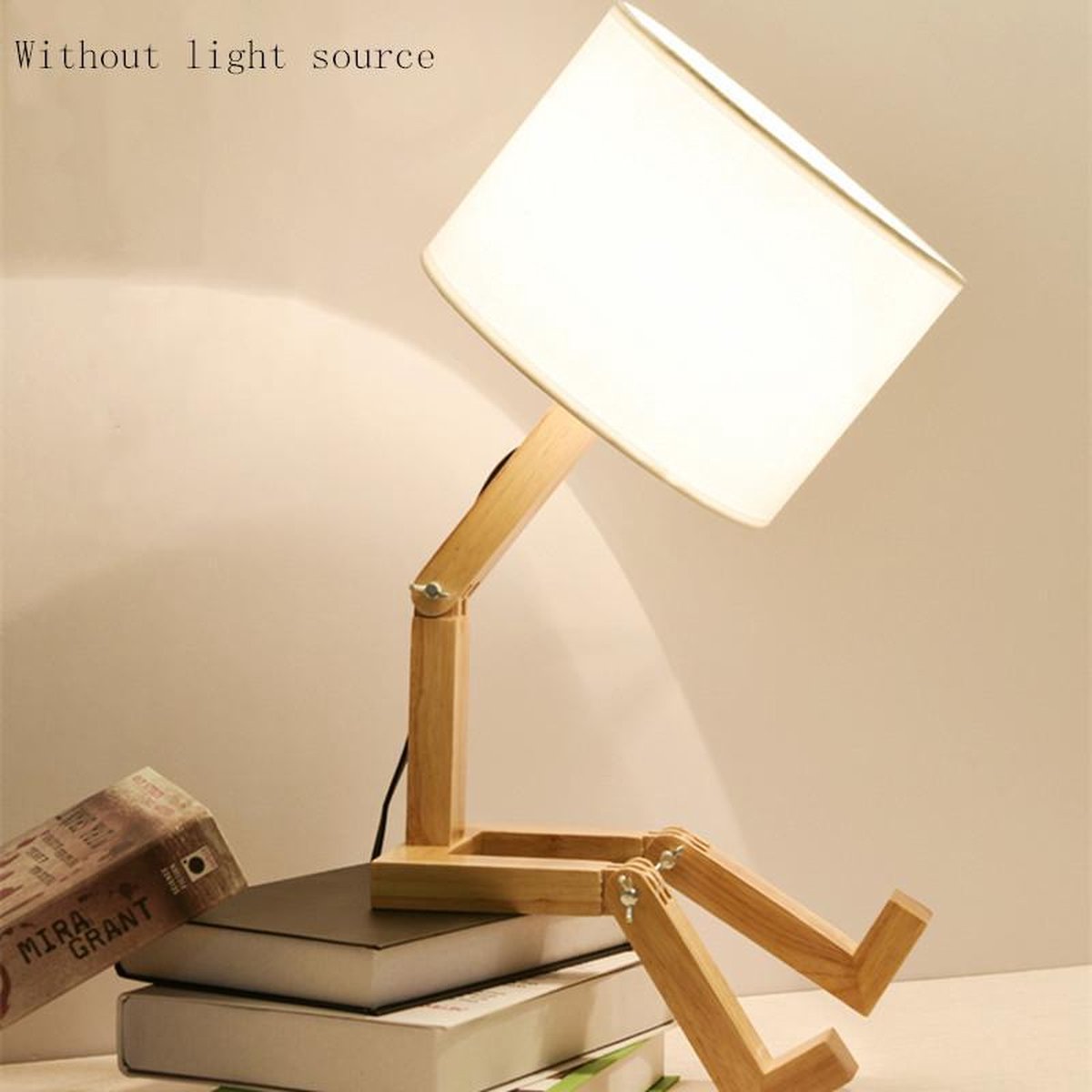 TDR - LED-bureaulamp met boekenhouder - Scandinavisch design - Witte stoffen kap - Houten mannetje met verstelbare gewrichten - Exclusief lichtbron