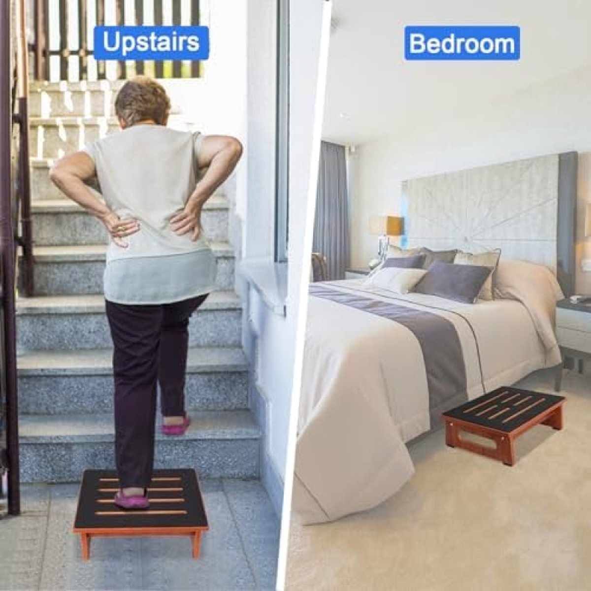 Een houten opstapkruk voor volwassenen en senioren, met antislip rubberen pad, voor binnen en buiten, 250 kg, draagbare houten opstahulp voor badkamer, keuken, nachtkastje en meer (walnoot)