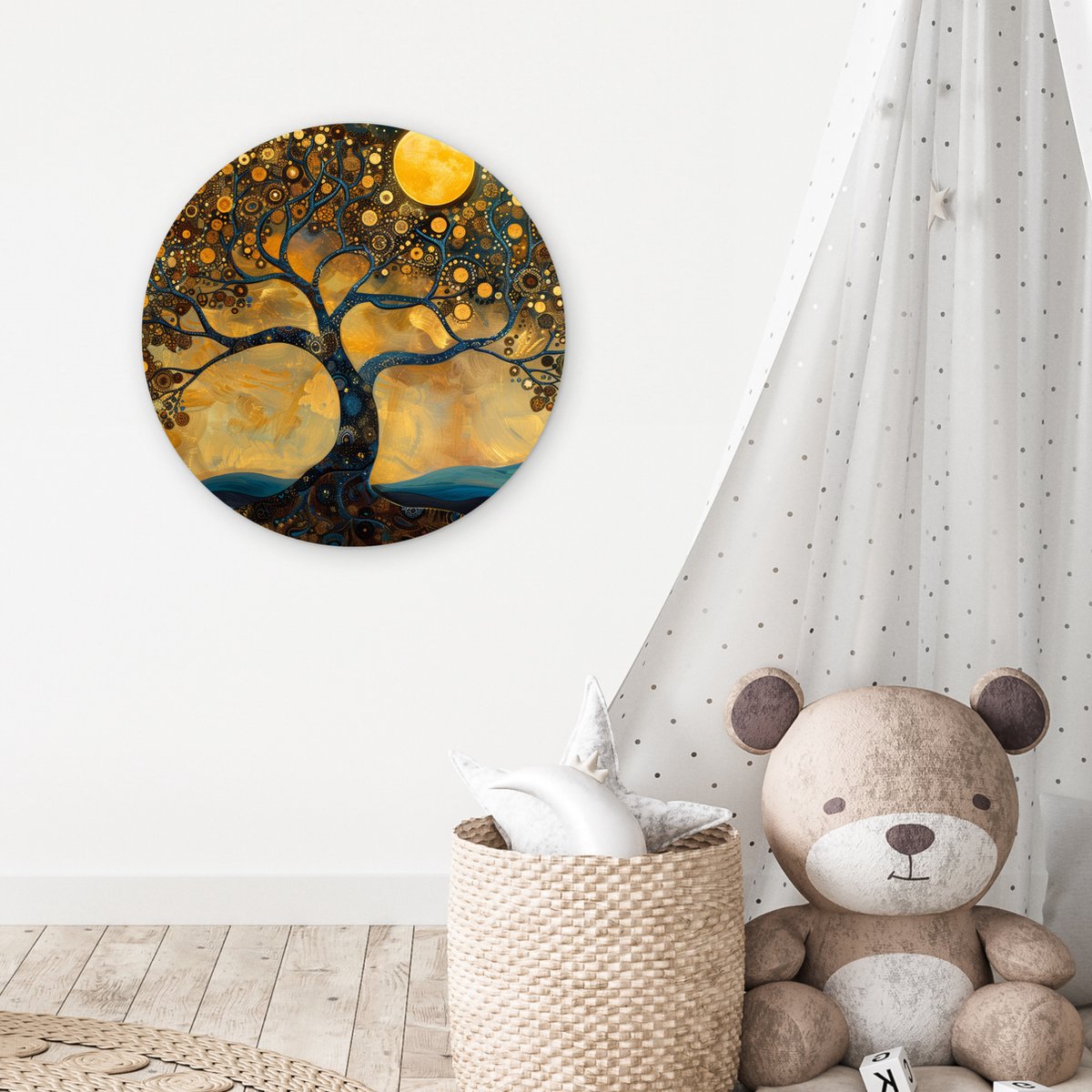WallCircle® Wandcirkel 60x60 cm - Muurcirkel Boom - Industrieel - Abstract - Geel - Planten - Maan - Natuur - Muurdecoratie cirkel woonkamer - Wanddecoratie slaapkamer - Kamer decoratie accessoires - Ronde schilderijen binnen