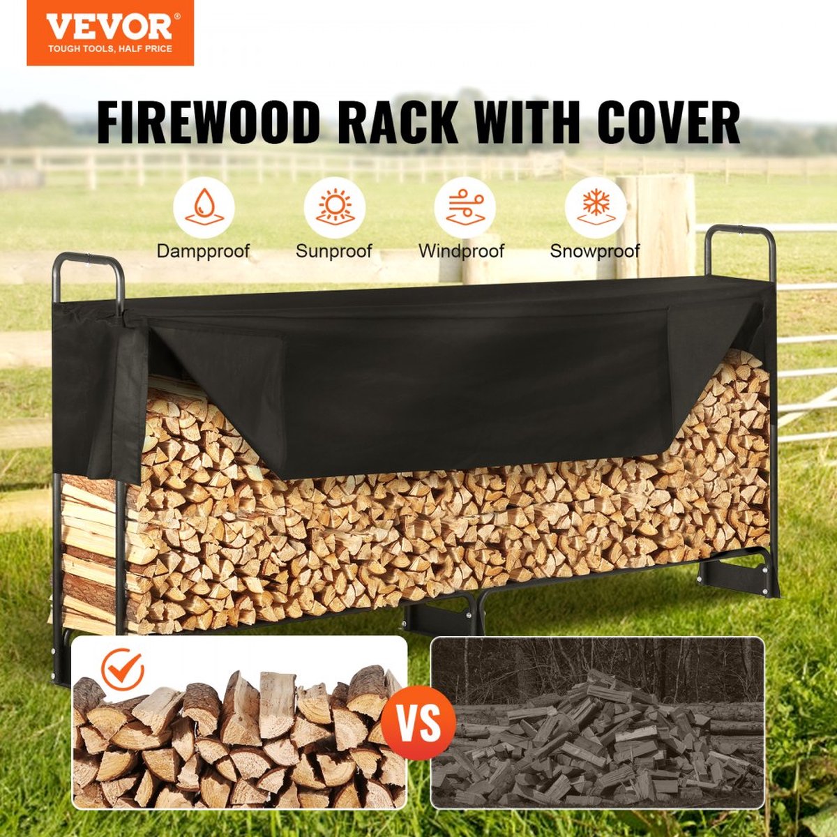 brandhoutrek metaal 259x36x117cm brandhoutrek stalen frame gepoedercoat brandhout onderdak 300kg met waterdichte hoes stapelhulp houten onderdak voor veranda tuin terras tuin
