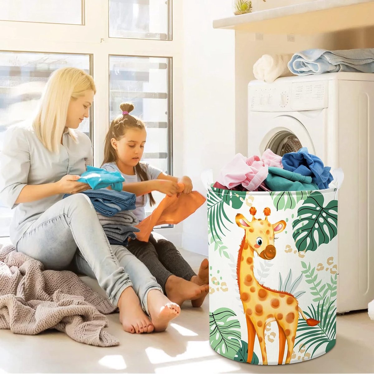 45L Leuke Groene Wasmand Baby met Giraffe, Vogels - Bosdieren Bladeren Ronde Wasmand Opvouwbaar - Perfecte Opbergmand voor de Kinderkamer om Speelgoed op te Bergen 36 x 45 cm
