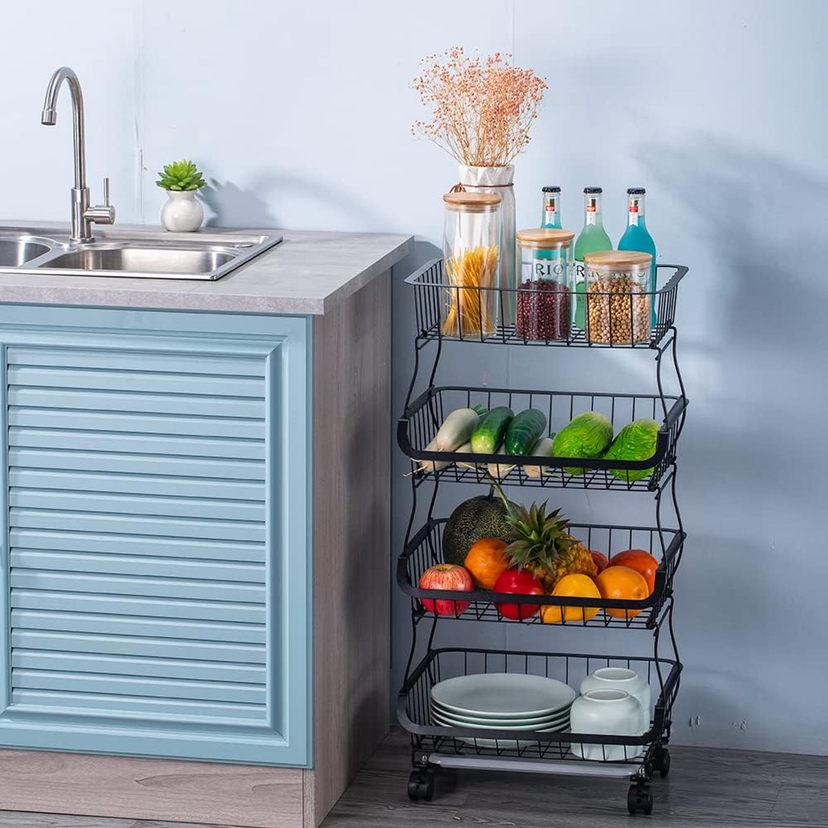 4-laags serveerwagen Keukentrolley op wielen Trolley Keuken Inbouwplank Opbergwagen Hulpprogramma Trolley Fruit- en groenterek Organisatiewagen H80 x B40 x D30 cm voor keukenkantoor