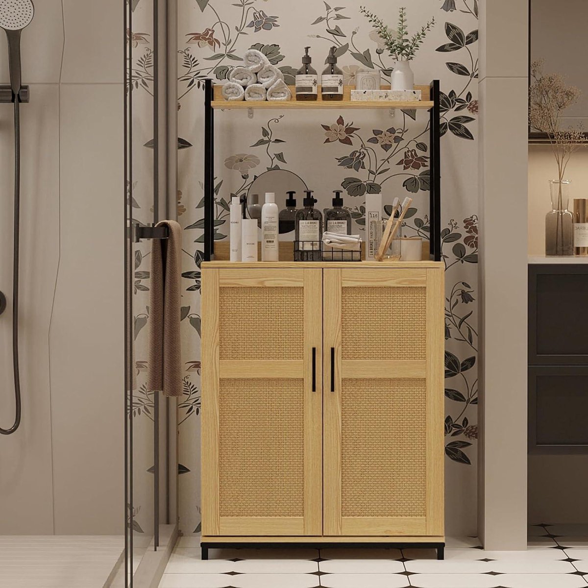 49.6" Kitchen Pantry Rattan Doors Adjustable Shelves Microwave Stand Coffee Bar Cabinet Natural microwave cabinet