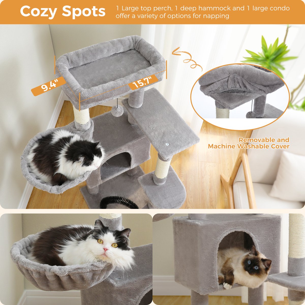 Nique Luxe Krabpaal - Kattenboom met hangmat - 5 ligplekken - 106cm hoog - Lichtgrijs