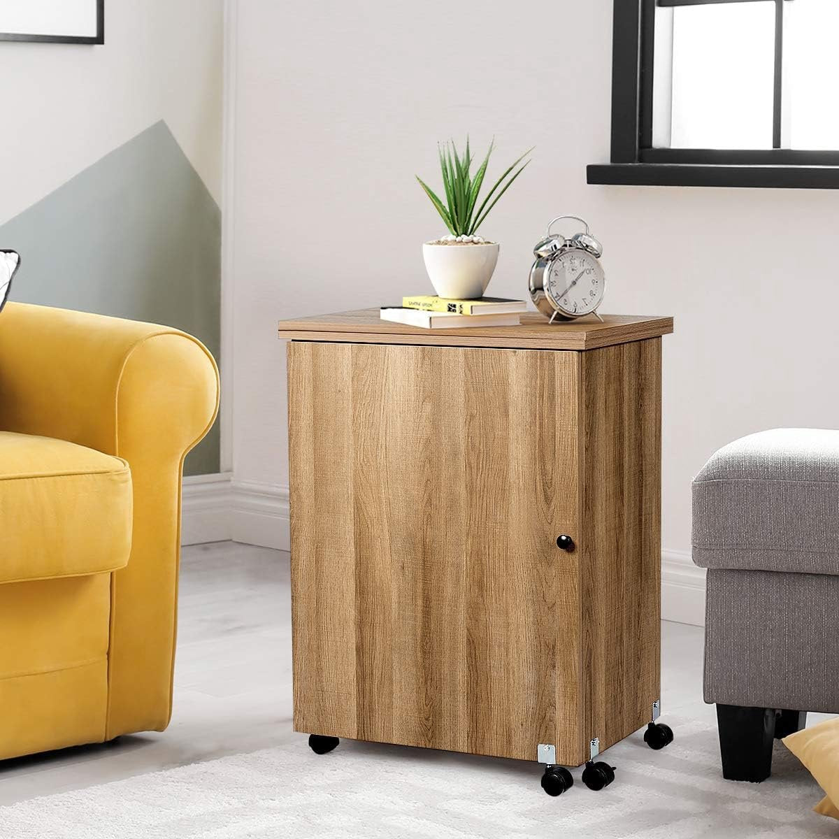 Foldable sewing table, sewing cart with lockable wheels and storage shelves, foldable sewing table for apartment, small spaces, 117 x 78 x 40 cm (Wood color)