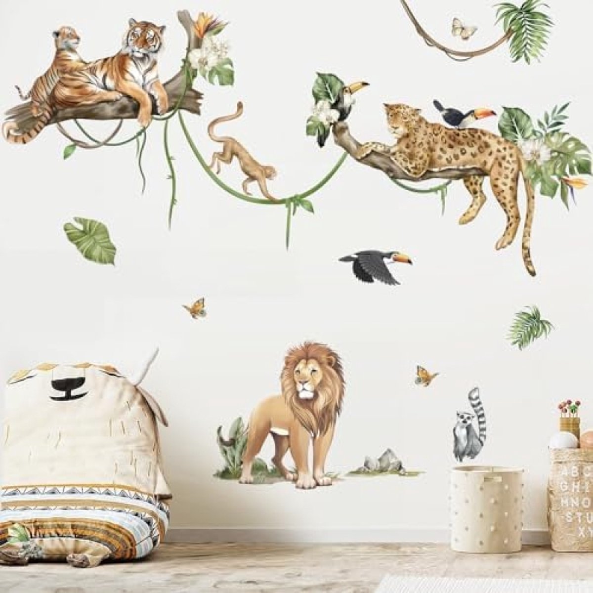 Jungle Dieren Boomtak Muurstickers Safari Dierlijke Leeuw Luipaard Tijger Muurtattoo Baby Kinderkamer Kinder Woonkamer Slaapkamer Wanddecoratie