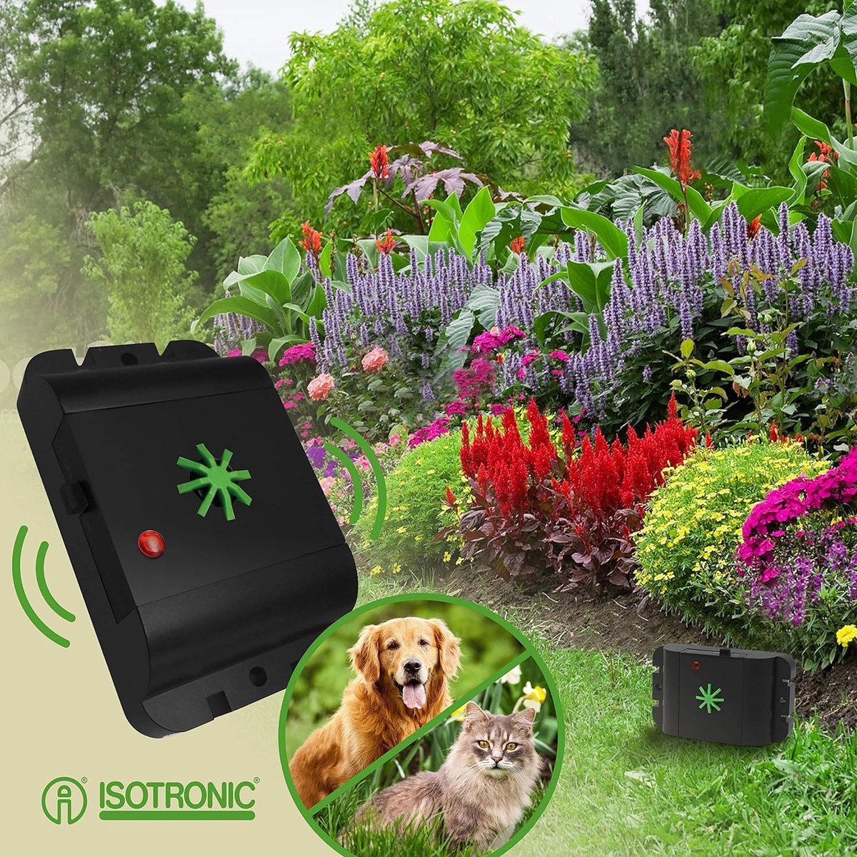Mobile dog and cat repeller with ultrasonic sound for shed garden car and garage against habituation effect