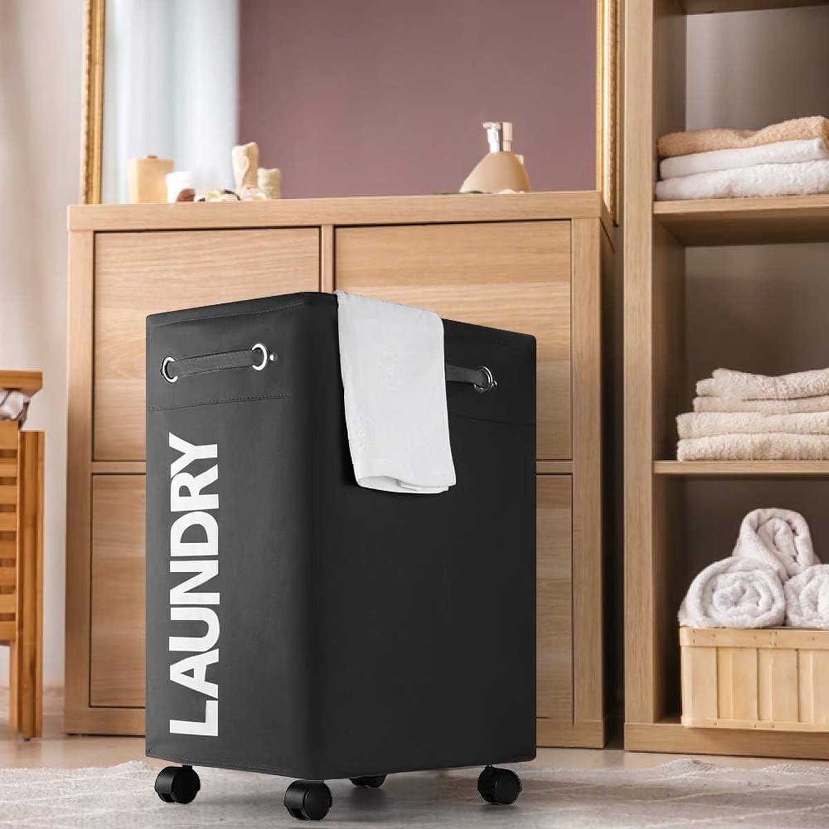 Large Foldable Laundry Basket - 74L Foldable Thin Laundry Basket - Wheels and Handle - Practical Storage Box - Black o2 Laundry Basket