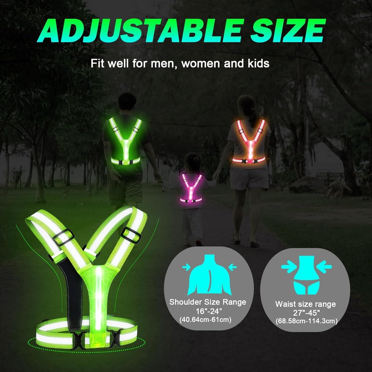 Reflective Vest Running Wear USB Rechargeable - High Visibility - Adjustable Waist/Shoulder - Jogging Running Cycling Walking Motorcycle Running light