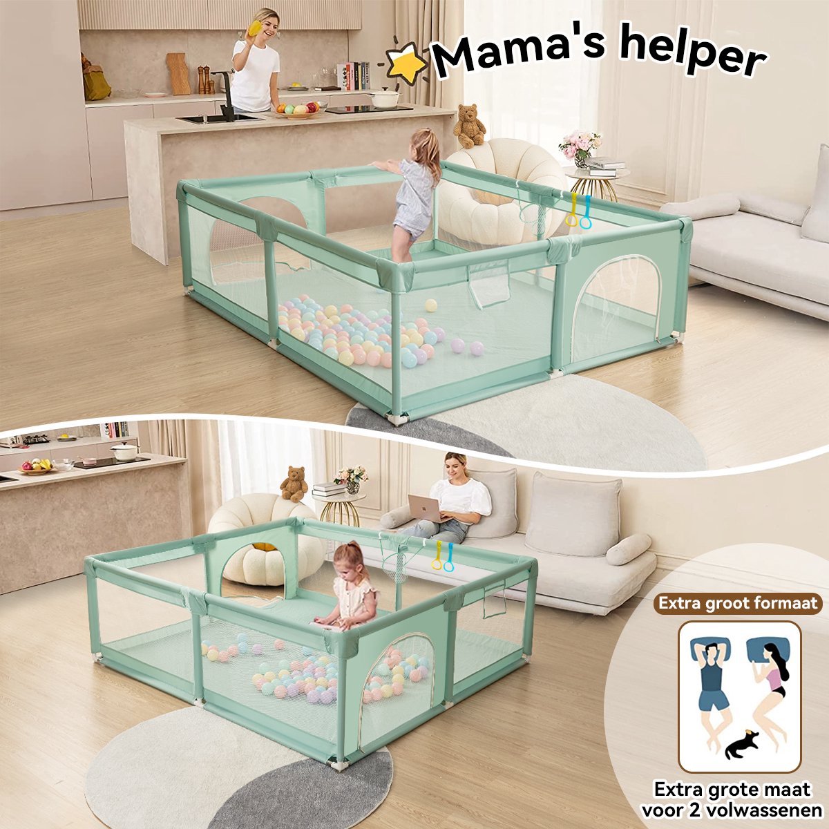 Playpen - Oversized Rectangular Playpen - 180 x 150 cm - Green
