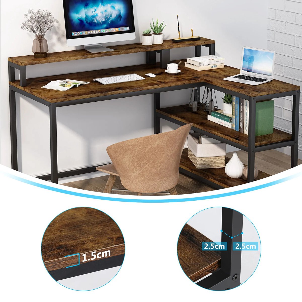 Corner Desk - Industrial Desk - L-shaped - Industrial Look - Computer Desk - With Monitor Stand - With 3 Shelves - 135x100x75cm - For Home Office