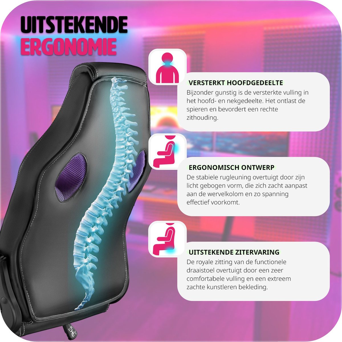 tectake® - Gaming bureaustoel - Luxe bureaustoel kantoorstoel - Racingstoel gamestoel Mike - Zwart/paars