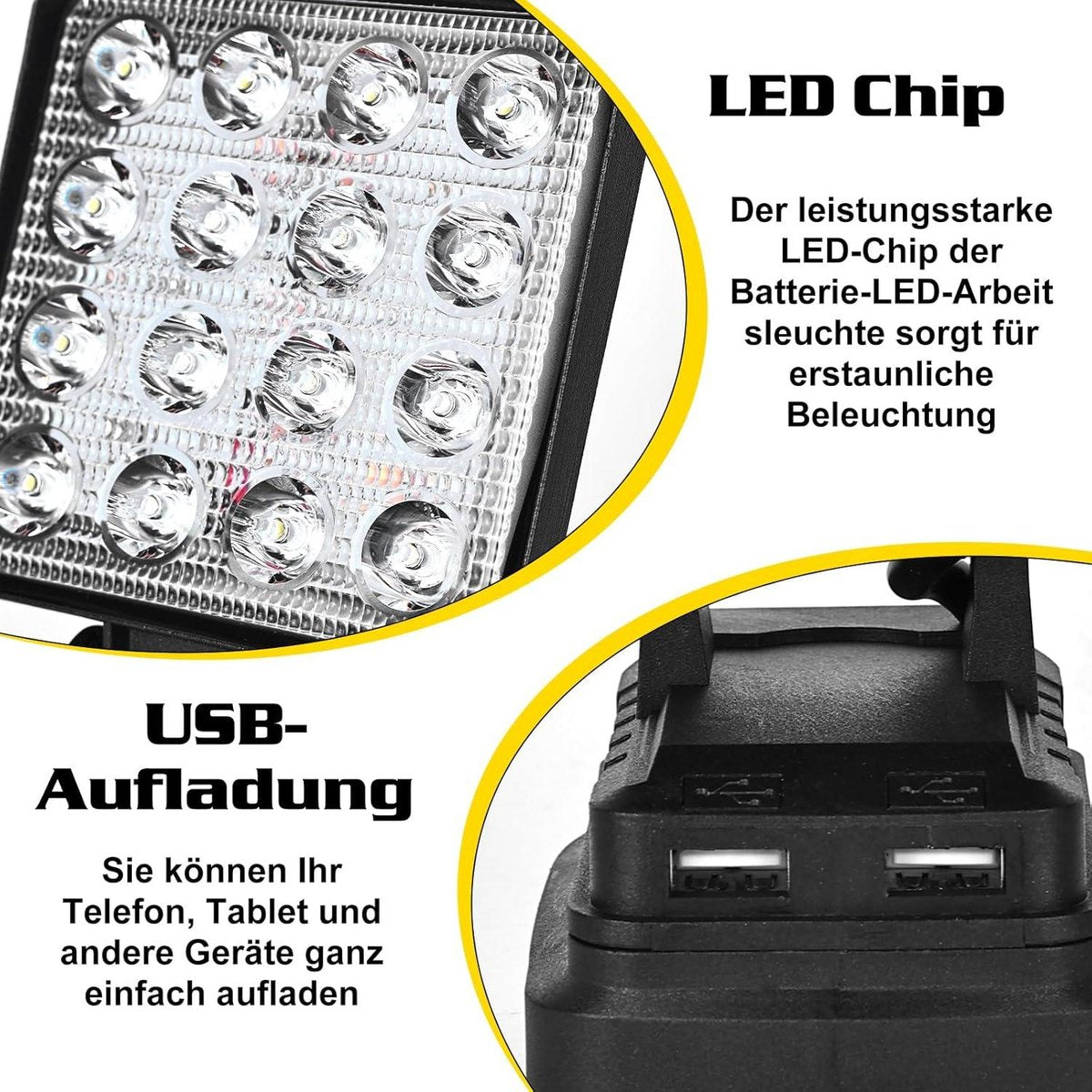 Led-werklamp 18 V Makita - 27 W led-bouwlamp draagbare schijnwerper met accu en USB-oplaadfunctie (2 stuks)