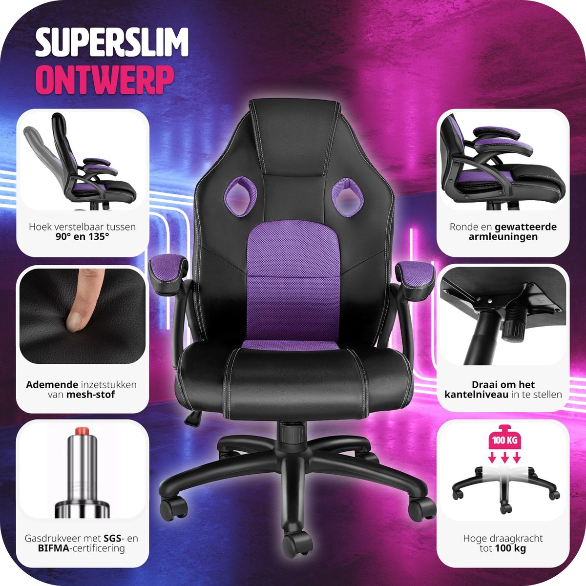 tectake® - Gaming bureaustoel - Luxe bureaustoel kantoorstoel - Racingstoel gamestoel Mike - Zwart/paars