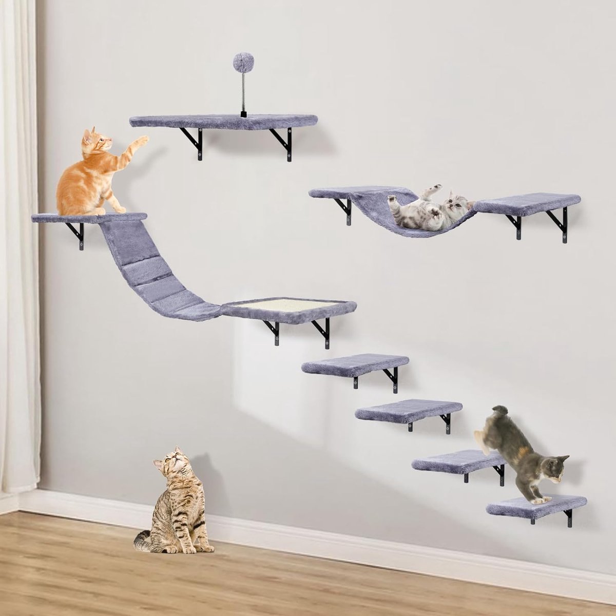 Cat Climbing Wall Set with Scratching Post Hammock, Cat Cave Wall, Cat Bridge, Scratching Board, and Scratching Post - 7-Piece Wooden Cat Furniture for Cats, Catwalk (Grey)