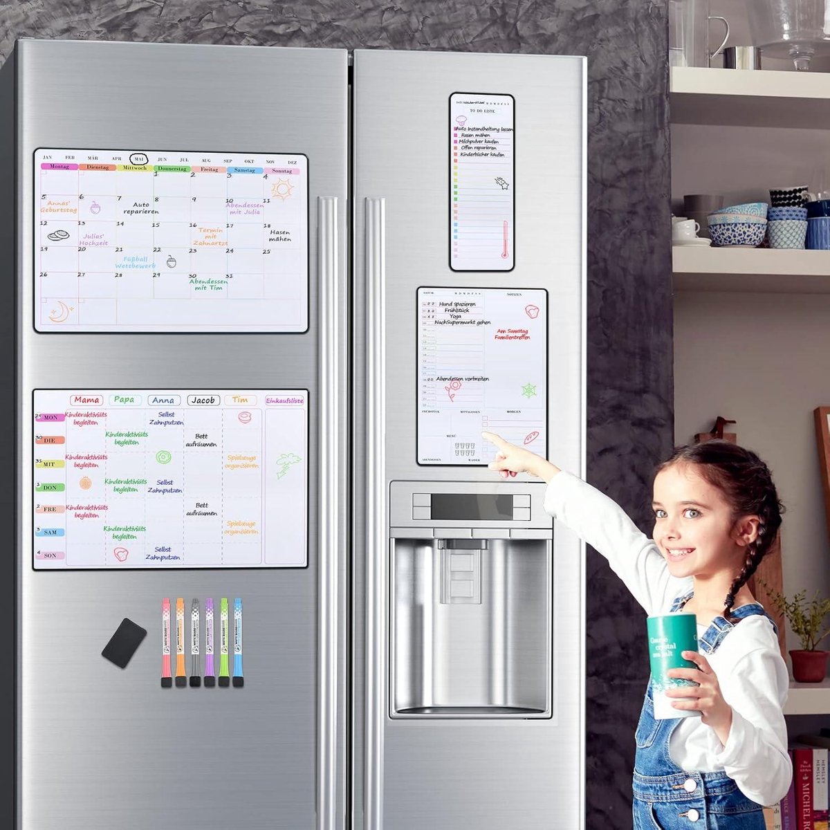 Whiteboard Familieweekplanner Maandplanner Dagplanner To-Do-Lijst - Afwasbaar Magneetbord voor Koelkast - Maandkalender Memobord Afsprakenplanner in het Duits - Magnetisch