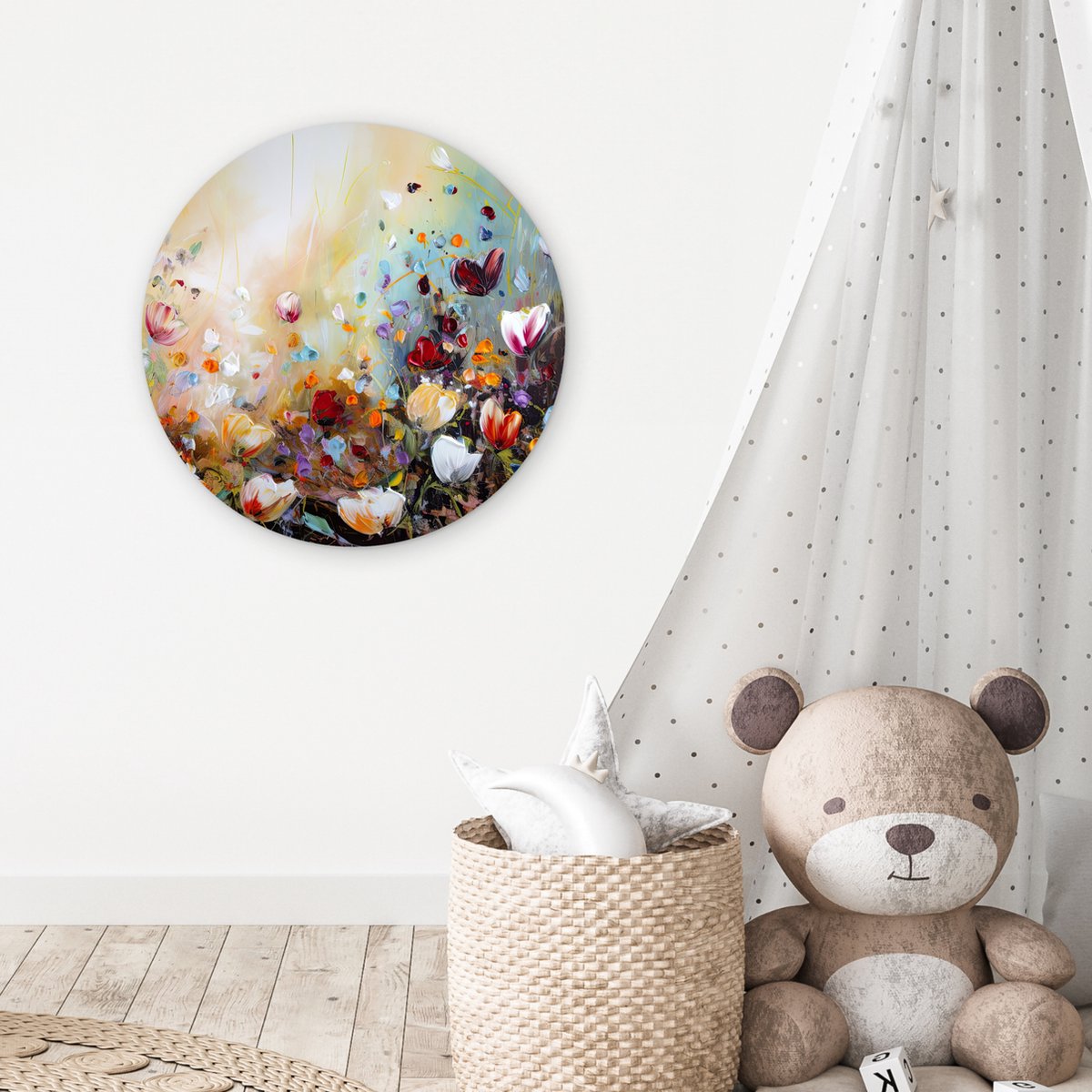 WallCircle® Muurcirkel 60x60 cm - Olieverf - Bloemen - Kleurrijk - Natuur - Plant - Veld - Muurdecoratie woonkamer - Wanddecoratie slaapkamer - Kamer decoratie accessoires - Ronde schilderijen - Woonaccessoires cirkel binnen