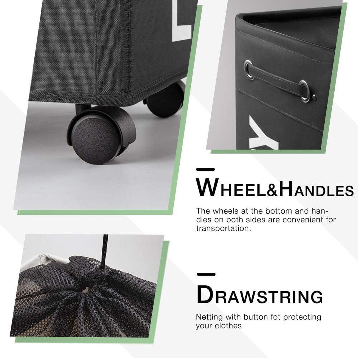 Large Foldable Laundry Basket - 74L Foldable Thin Laundry Basket - Wheels and Handle - Practical Storage Box - Black o2 Laundry Basket