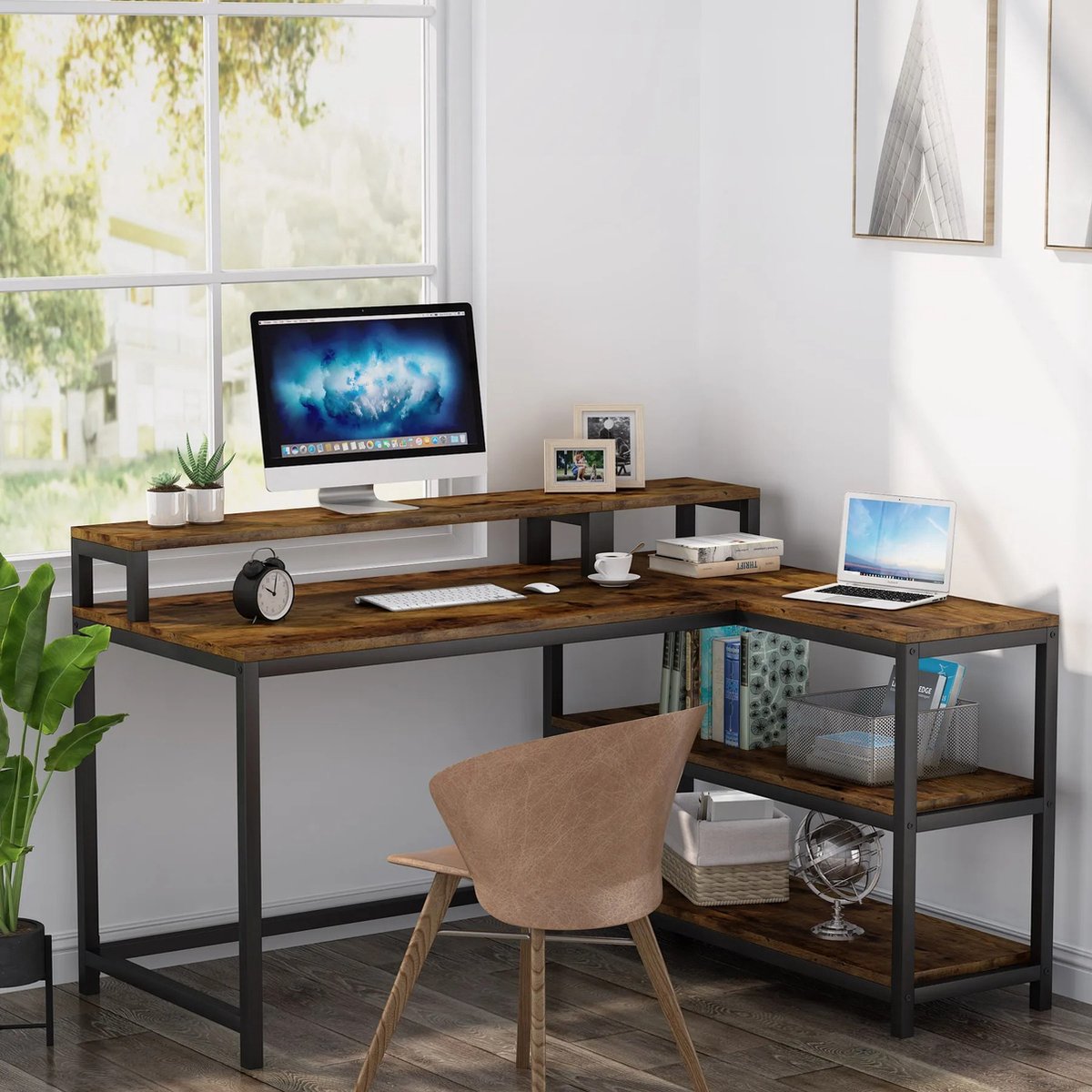 Corner Desk - Industrial Desk - L-shaped - Industrial Look - Computer Desk - With Monitor Stand - With 3 Shelves - 135x100x75cm - For Home Office
