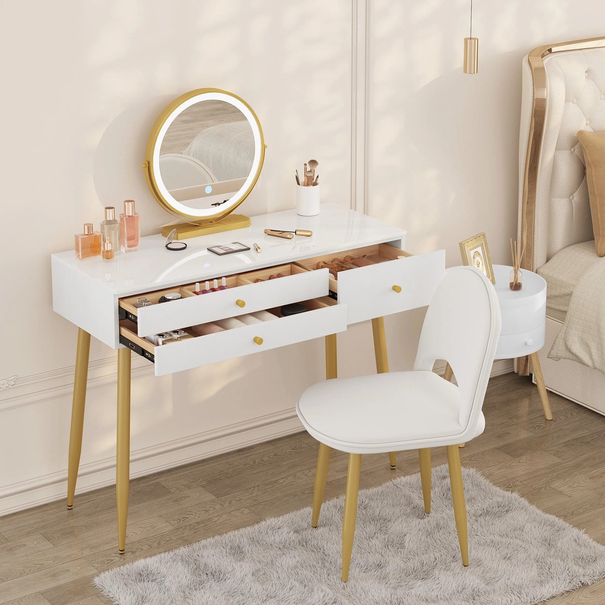 vanBoni Dressing Table with Mirror and Lights - Makeup Table - Dressing Table with Three Drawers - Velvet Stool - Desk - Dressers - White Gold - 100x40x122 cm