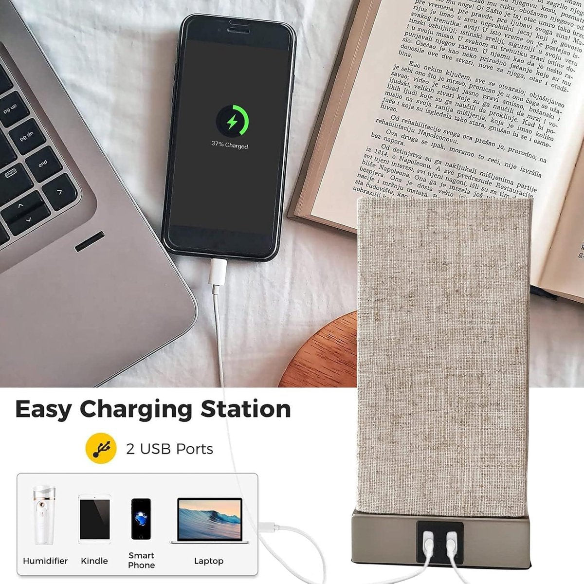 Moderne Nachtkastlamp Touch Dimbaar Vintage met USB-aansluitingen - Warmwitte Lamp - Slaapkamer Kinderkamer Beige