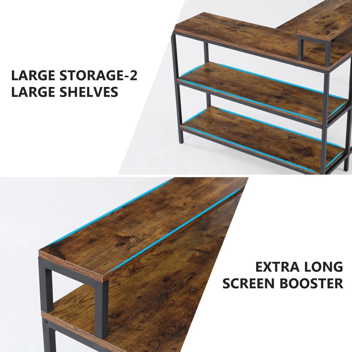 Corner Desk - Industrial Desk - L-shaped - Industrial Look - Computer Desk - With Monitor Stand - With 3 Shelves - 135x100x75cm - For Home Office