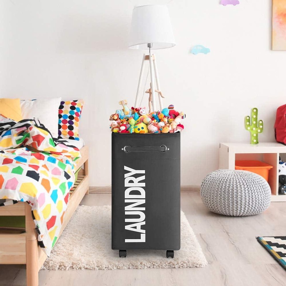 Large Foldable Laundry Basket - 74L Foldable Thin Laundry Basket - Wheels and Handle - Practical Storage Box - Black o2 Laundry Basket