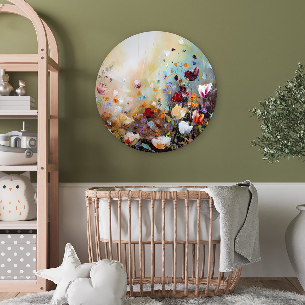 WallCircle® Muurcirkel 60x60 cm - Olieverf - Bloemen - Kleurrijk - Natuur - Plant - Veld - Muurdecoratie woonkamer - Wanddecoratie slaapkamer - Kamer decoratie accessoires - Ronde schilderijen - Woonaccessoires cirkel binnen