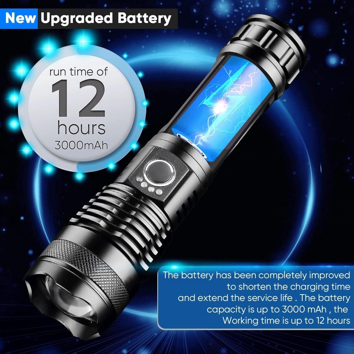 Superheldere 10000 lumen waterdichte led-zaklamp voor kamperen buitenactiviteiten - USB oplaadbaar, krachtig en zoombaar (met 3000mAh batterij) zaklamp