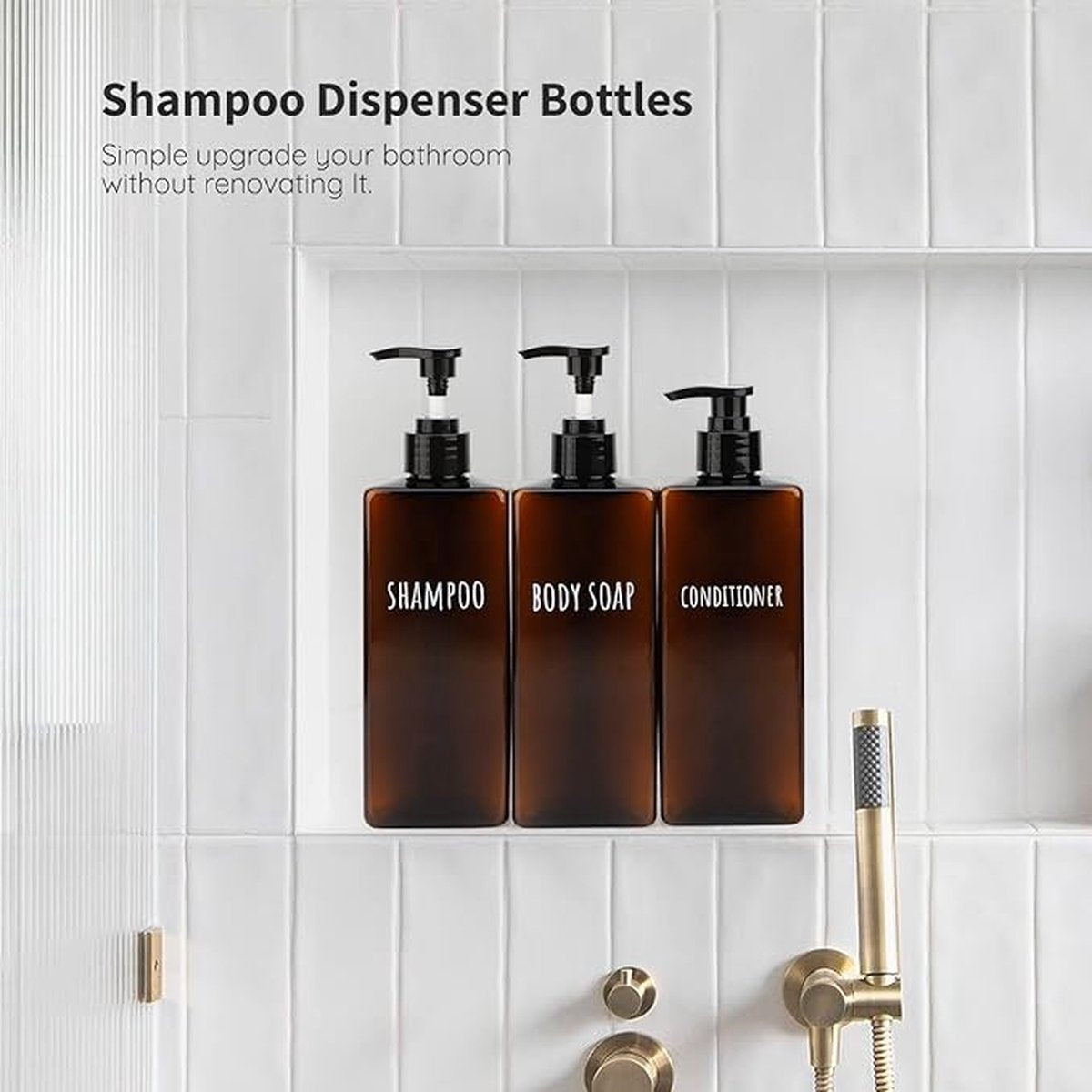 A Luxe Soap Lotion Dispenser Square, 3 pieces, 500 ml, brown, soap dispenser, set with labels for shampoo, conditioner, body soap, refillable plastic pump bottles for bathroom, high capacity