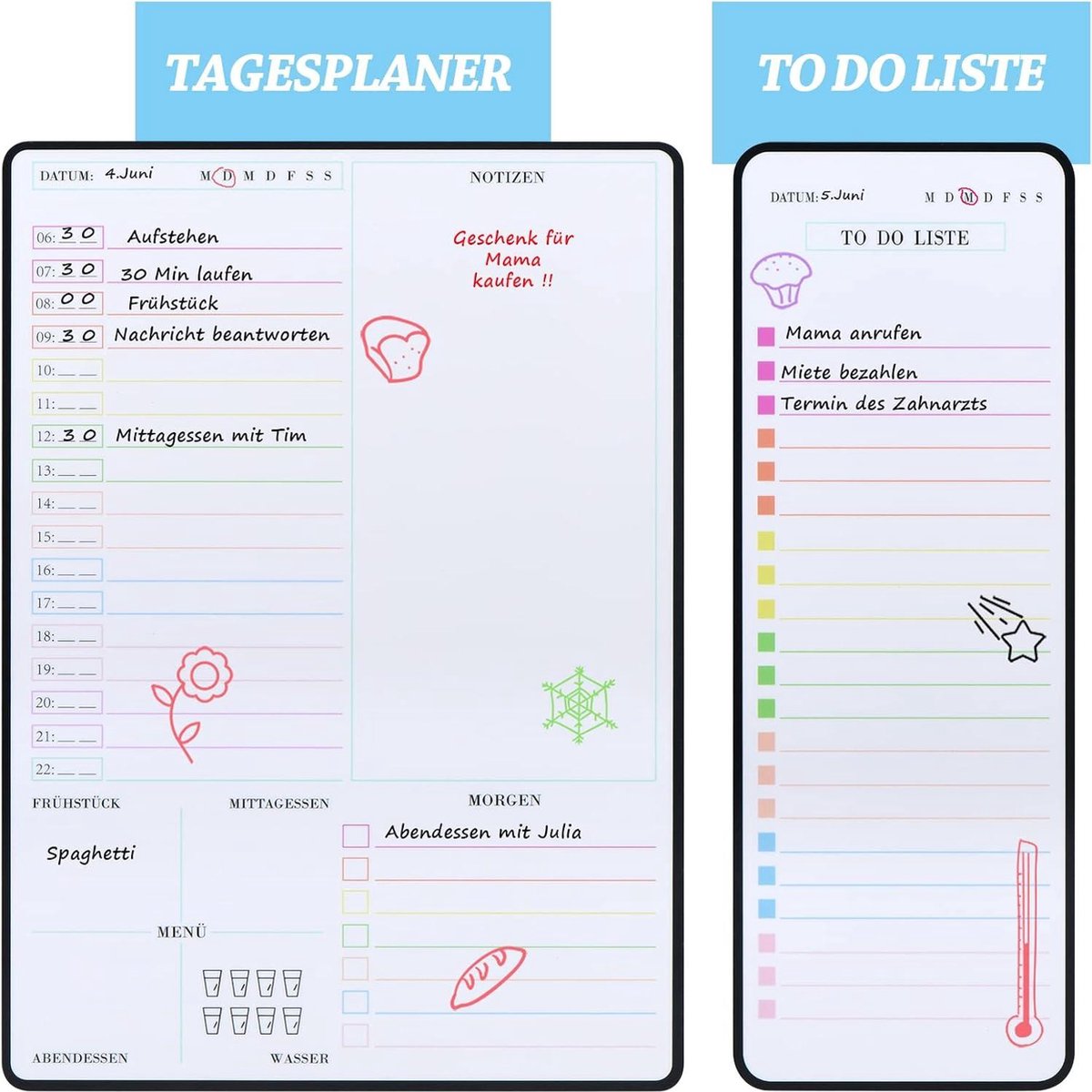 Whiteboard Familieweekplanner Maandplanner Dagplanner To-Do-Lijst - Afwasbaar Magneetbord voor Koelkast - Maandkalender Memobord Afsprakenplanner in het Duits - Magnetisch