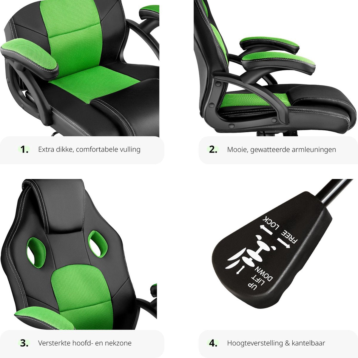 tectake® - bureaustoel gamingstoel - luxe bureaustoel kantoorstoel - racingstoel bureaustoel gamestoel Mike - zwart/groen