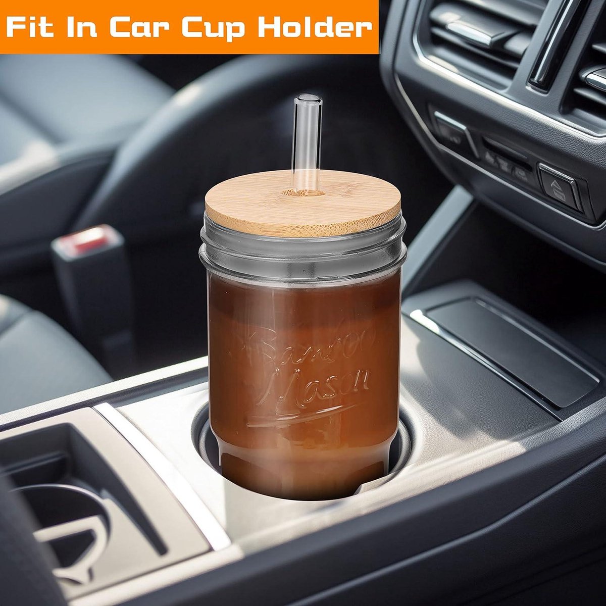 Glass Cups with Lids and Straws - Set of 4 - 680 ml - Travel Coffee Mug - Wide Mouth - Mason Jar - Iced Coffee Cup - Smoothie Cup - Glass Tumbler - Tea Cup - Clear - Cute Water Cups - Drinking Jars - Glasses