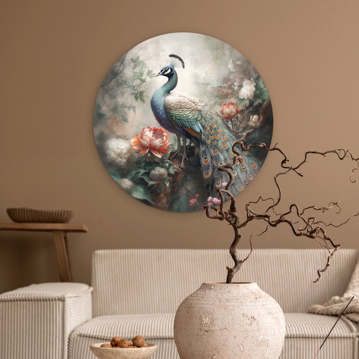 WallCircle® Wandcirkel 60x60 cm - Muurcirkel Pauw - Pauwenveren - Vogel - Bos - Jungle - Bloemen - Muurdecoratie woonkamer - Wanddecoratie slaapkamer - Kamer decoratie accessoires - Ronde schilderijen - Woonaccessoires cirkel binnen